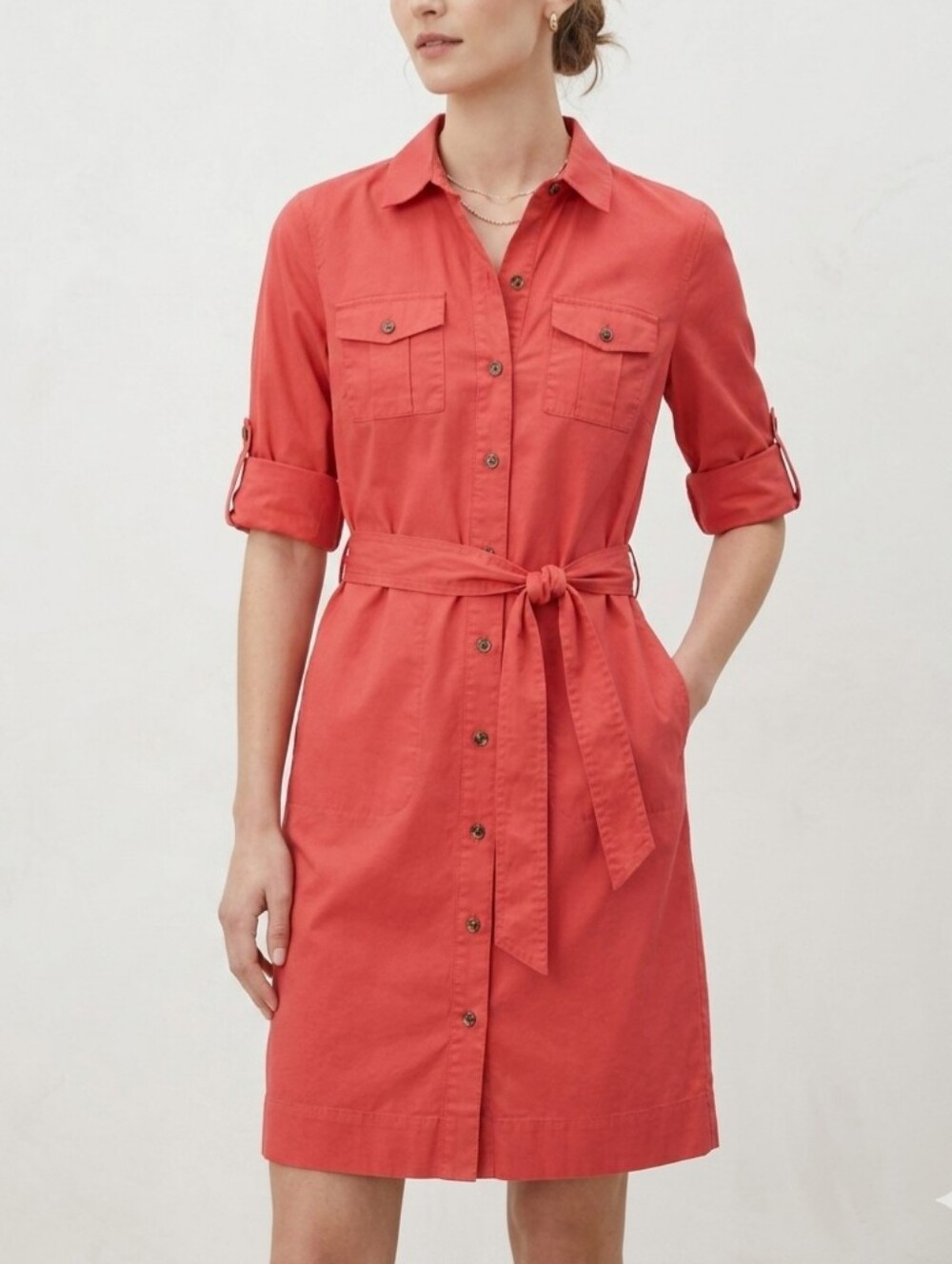 Sz 2 Banana Republic Cotton Blend Classic Red Orange Shirt Dress with Tie Waist